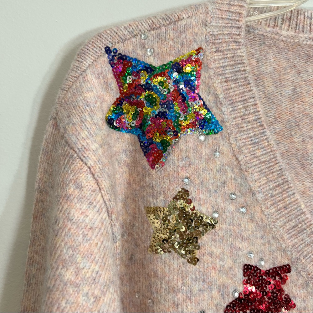 ModCloth Sweater Pink Multicolor Knit Wool Blend Sequin Stars V-neck Shirt XS - Picture 8 of 8